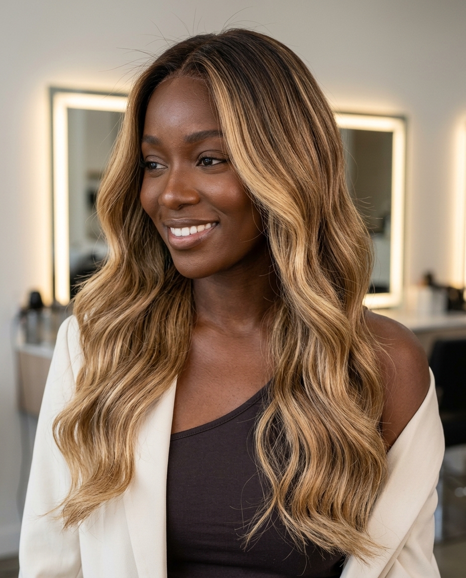 long butterscotch blonde waves with warm honey undertones, balayage gloss, no fringe — playful sun-kissed look