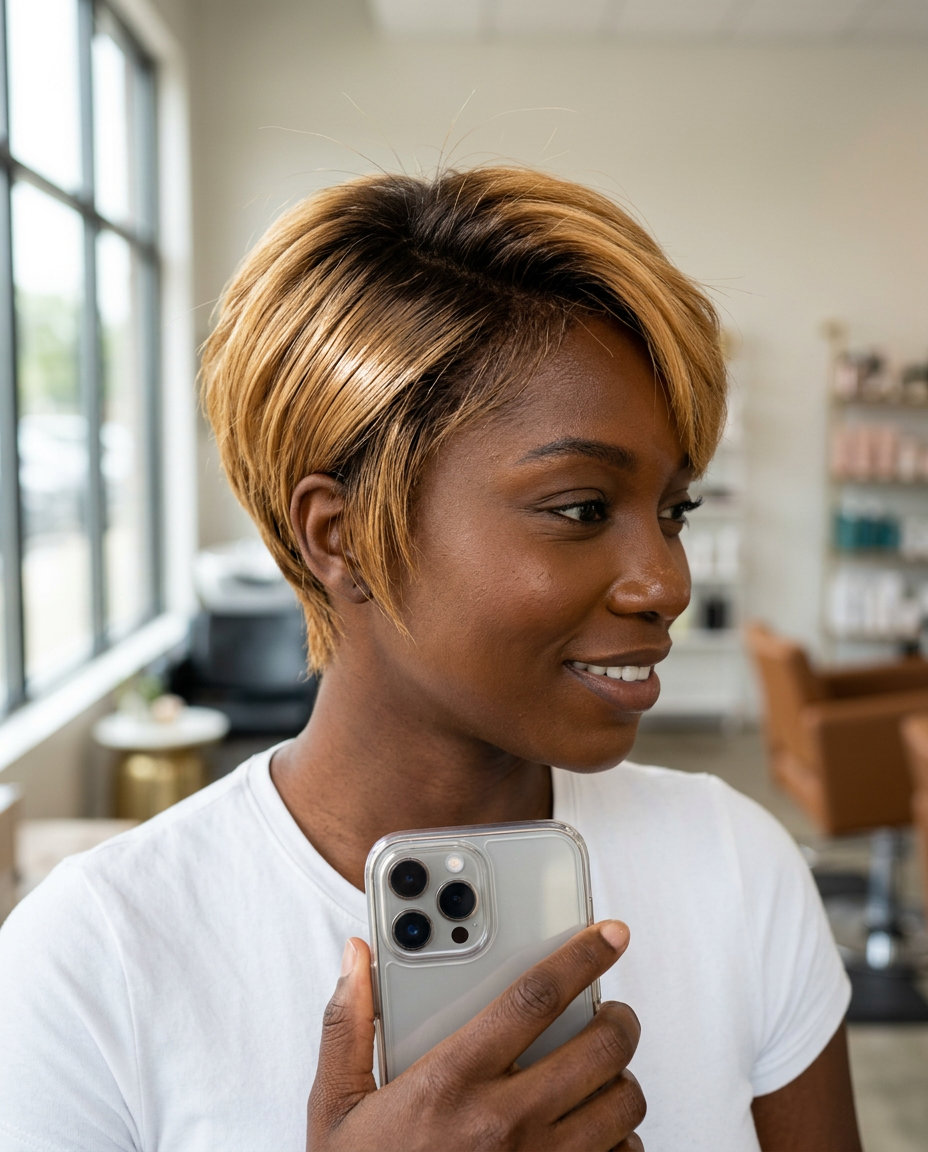 short butterscotch blonde pixie with dark chocolate root shadow, balayage gloss, micro-fringe — edgy bold statement
