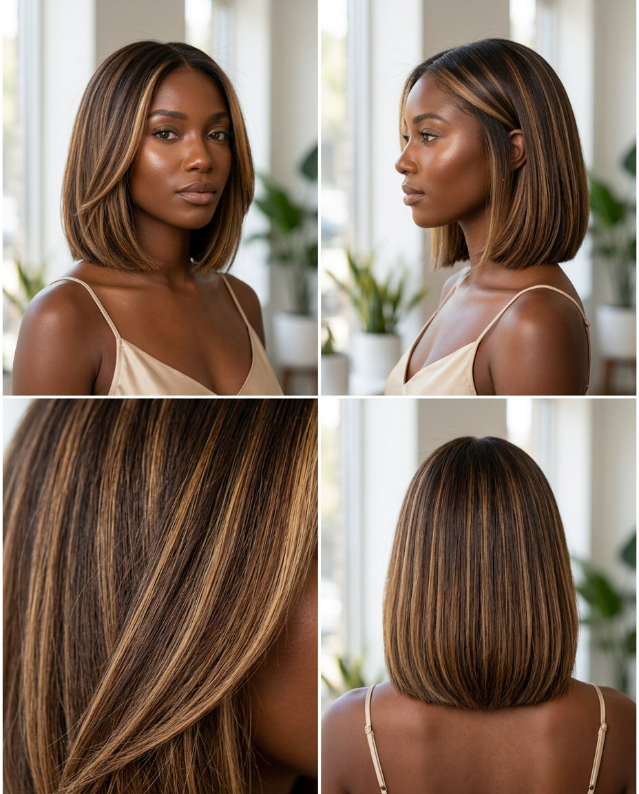 chin-length butterscotch brown bob with foilyage highlights, natural hair for summer 2026