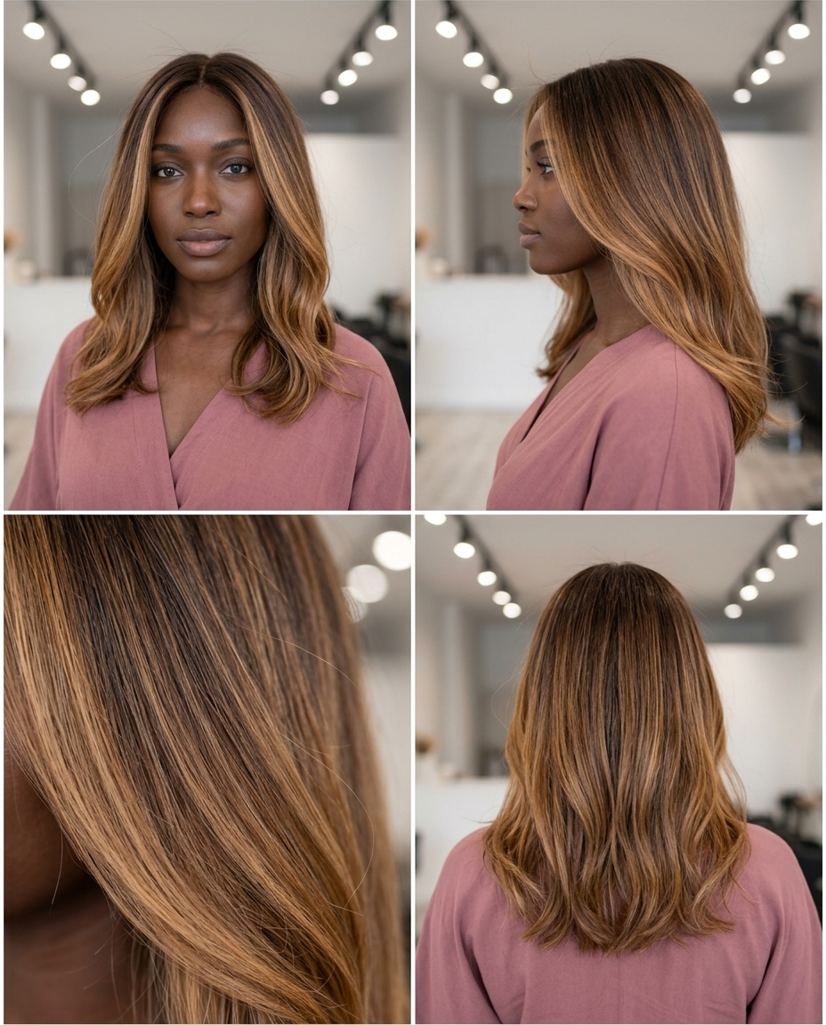 long butterscotch ribbon melt with golden blonde on medium brunette for outdoor brunch