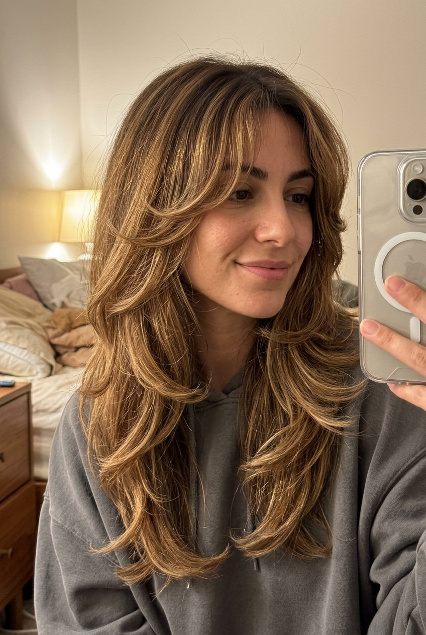 long butterfly haircut with caramel balayage, golden blonde, wavy curtain bangs — voluminous and glamorous
