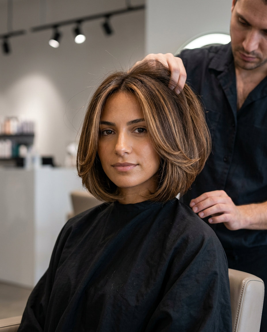 neck-grazing caramel balayage bob haircut with chunky face-framing layers for brunch