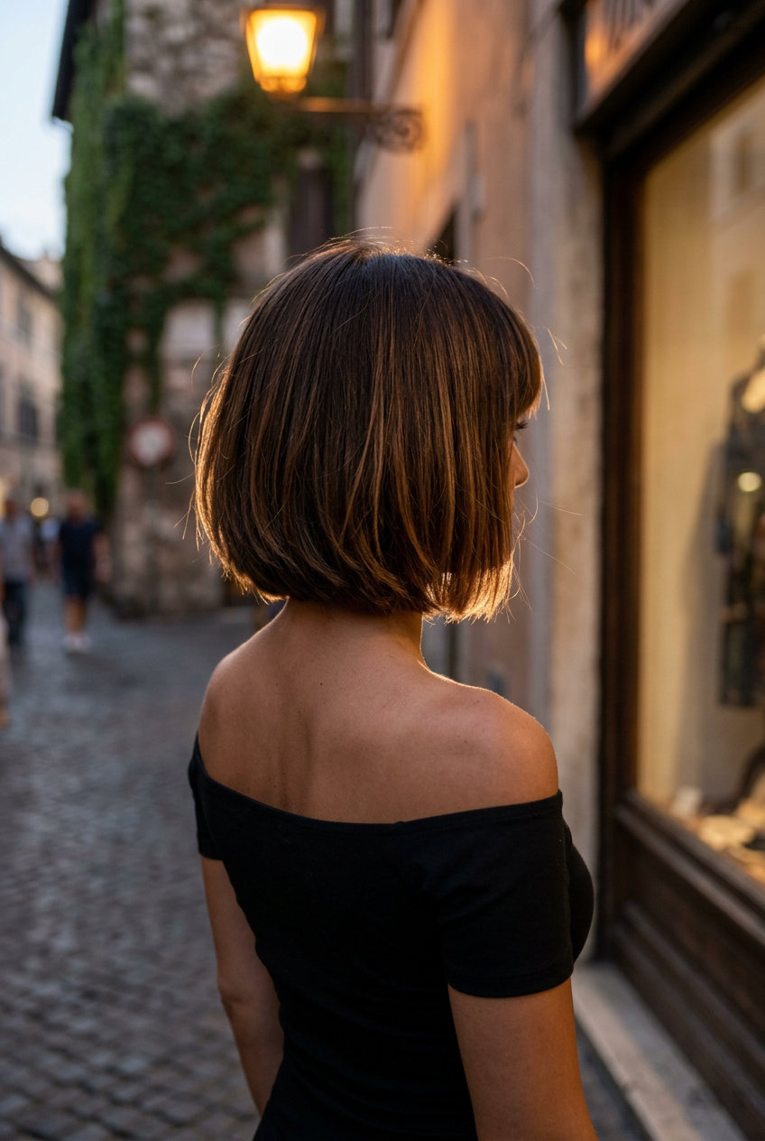 Cute Italian Bob with Bangs for Fine Hair 2026 neck-length italian bob with blunt bangs and caramel lowlights for summer 2026