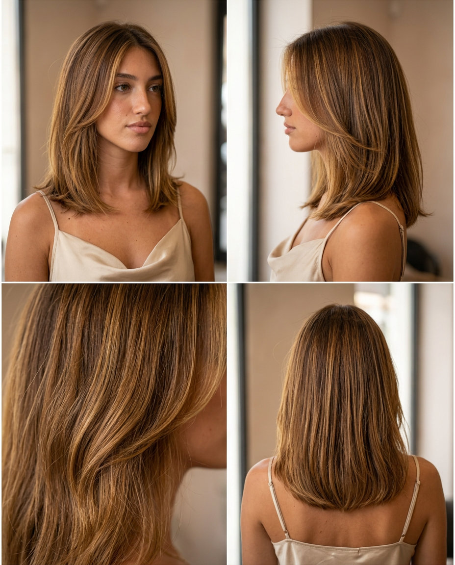collarbone caramel balayage waves with golden honey, face-framing layers, no bangs — effortless summer style
