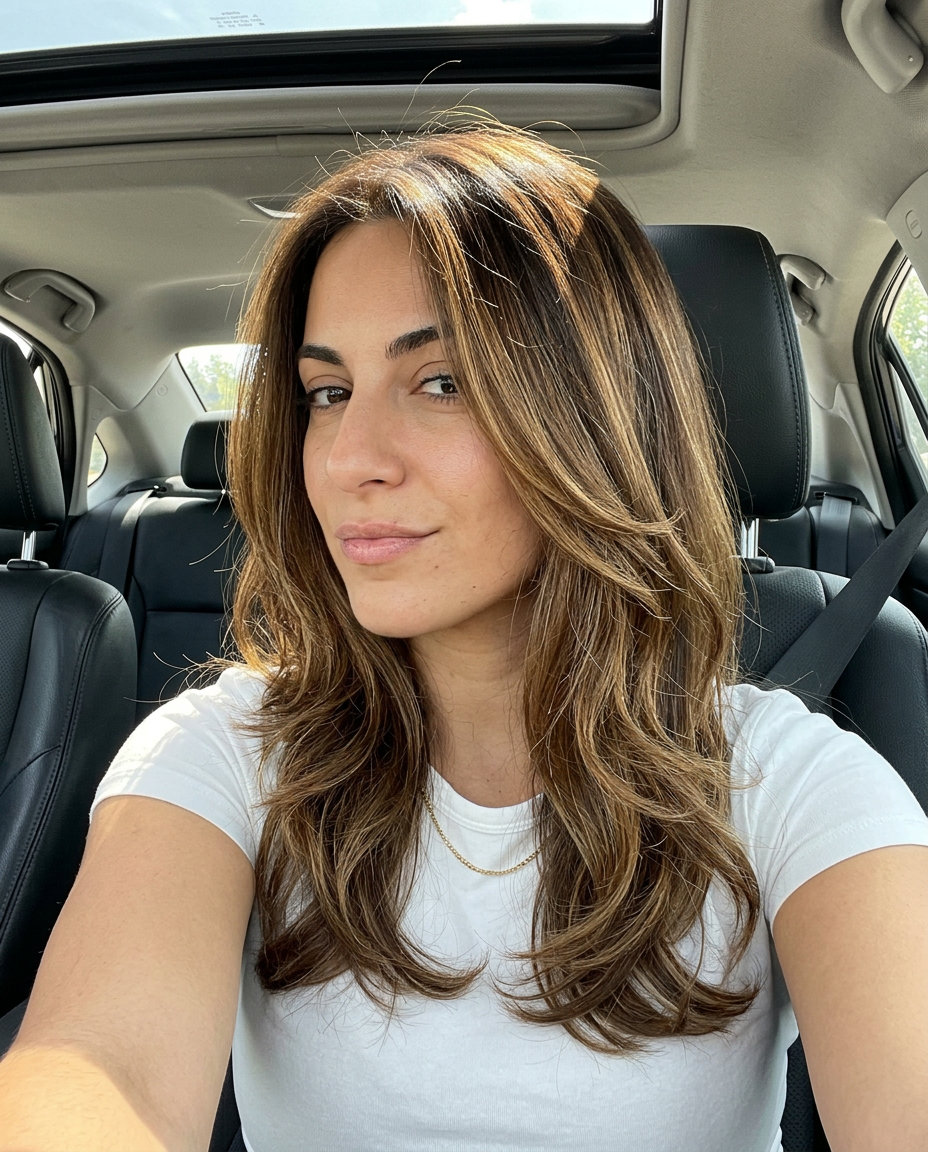 medium haircut with caramel/golden balayage on brunette for summer 2026
