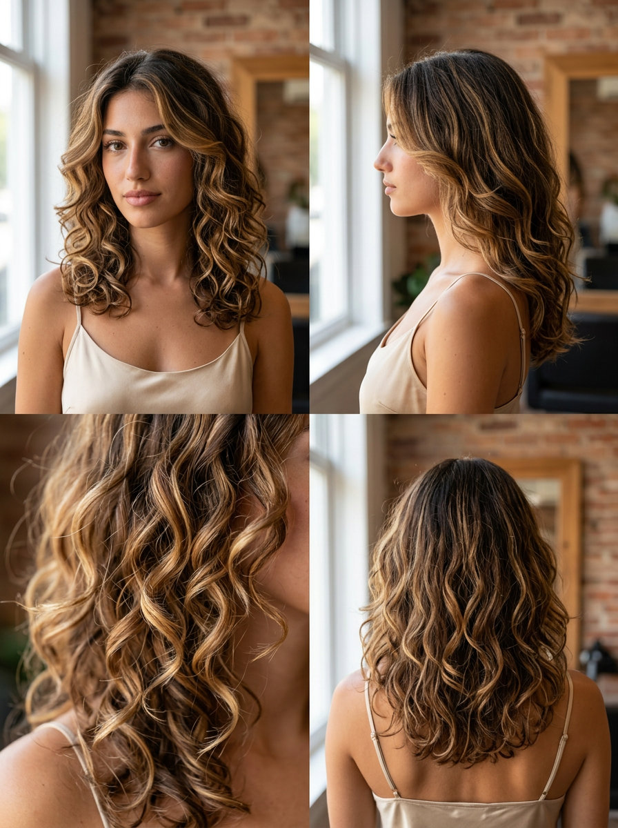 medium U-cut haircut with caramel/honey balayage on dark brown for summer 2026