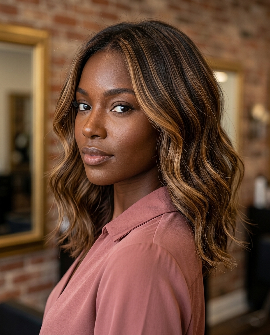long caramel balayage on brown hair with face-framing highlights for summer