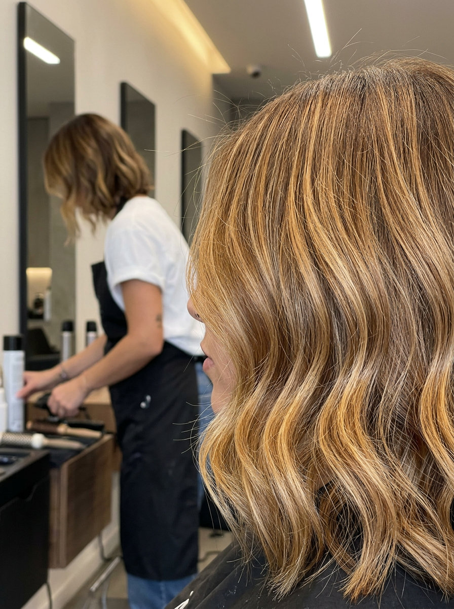Caramel Blonde Foilyage 2026 long caramel blonde hair color with foilyage, honey highlights, soft warm dimensional style