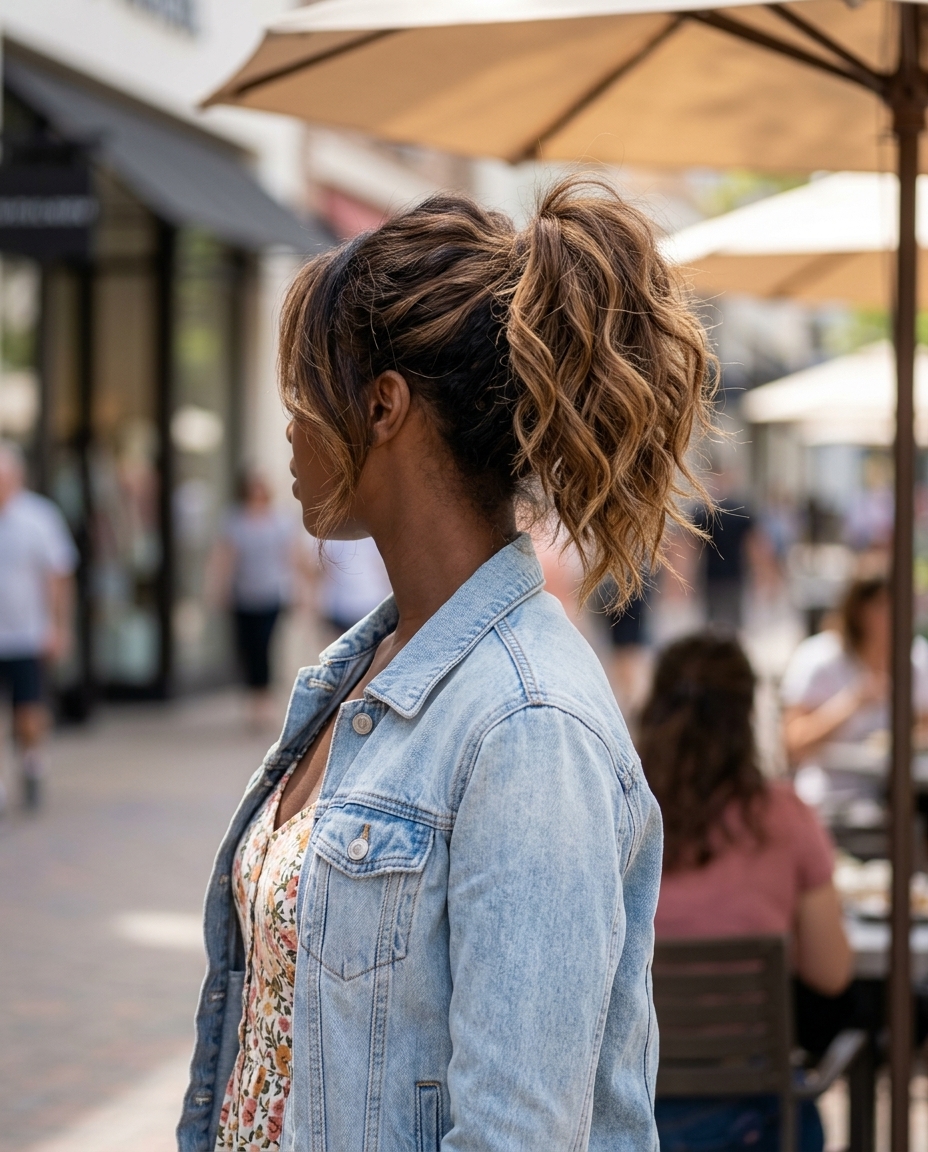Caramel Swirl Tousled Ponytail 2026 medium-long tousled ponytail with caramel balayage, golden blonde, chocolate base for brunch