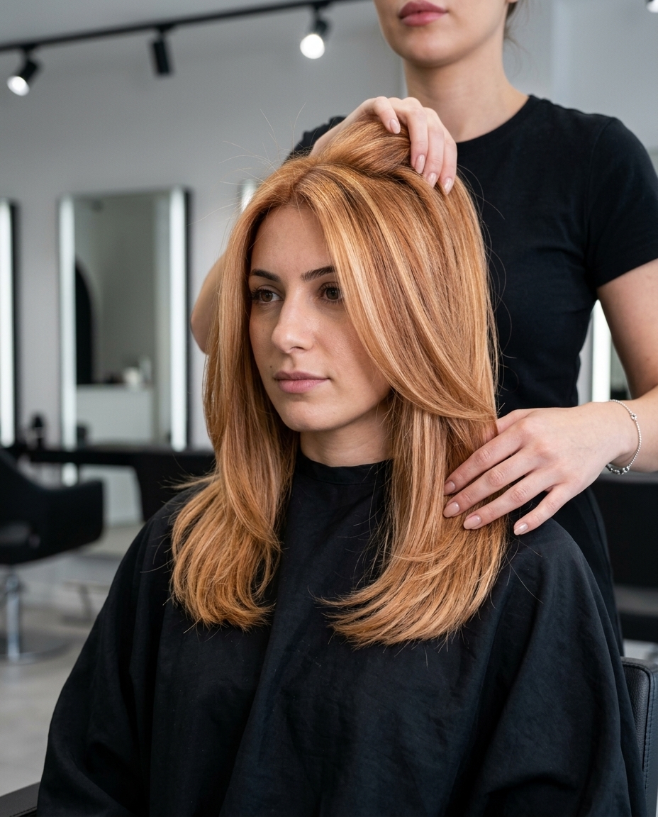 Caramel Strawberry Blonde Lowlights 2026 mid-length layered haircut strawberry blonde with caramel lowlights, ribboned contrast, no fringe — soft dimensional daily