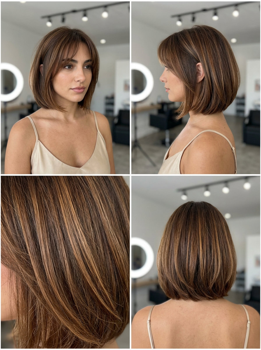 jaw-skimming caramel ribbon bob haircut with wispy fringe and soft ends for brunch
