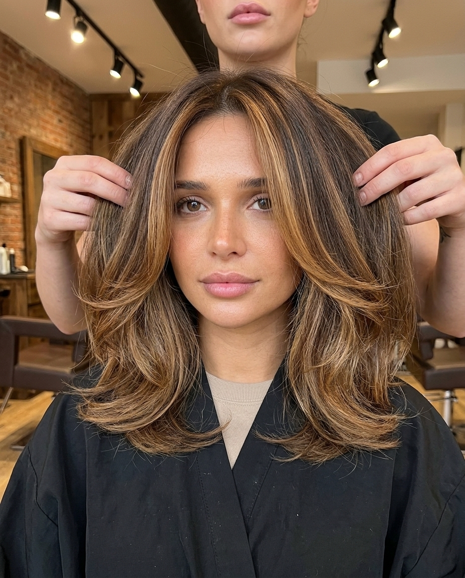 long caramel ribbon balayage with golden highlights on rich brunette for summer wedding guest