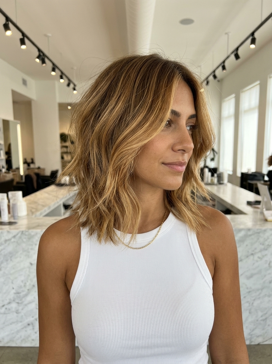 collarbone-length shag haircut with caramel swirl and honey blonde, face-framing layers — romantic for summer