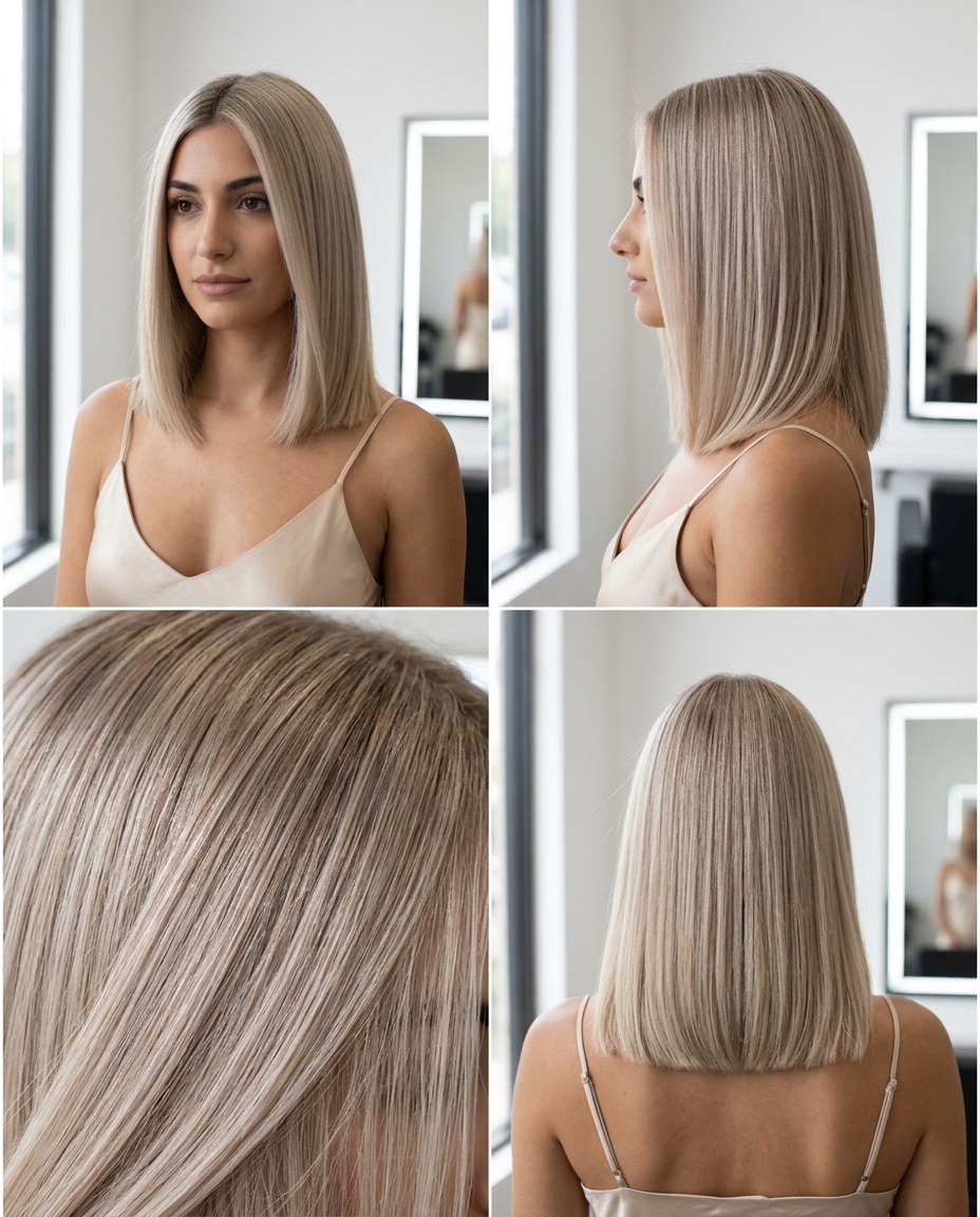 Parisian Champagne Lob: Chic Summer Hair Color 2026 short champagne blonde bob with blunt ends and subtle root smudge for summer