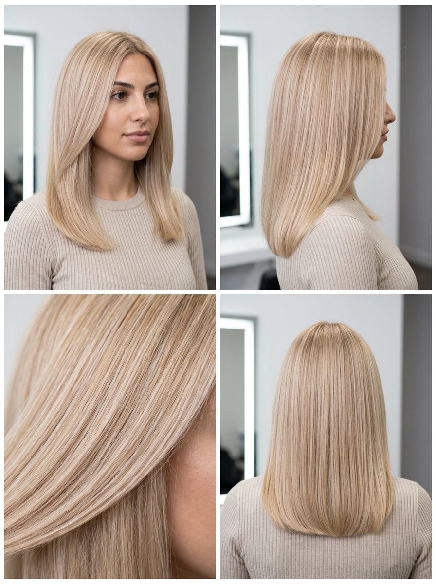 Champagne Blonde All-Over Gloss 2026 long champagne blonde hair color with all-over gloss, pearlescent tones, elegant polished style