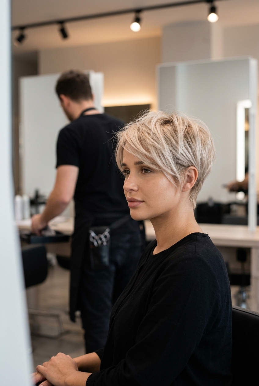 Chic Champagne Pixie: Playful Summer Hair Color 2026 short champagne blonde pixie with tapered sides and wispy fringe for summer