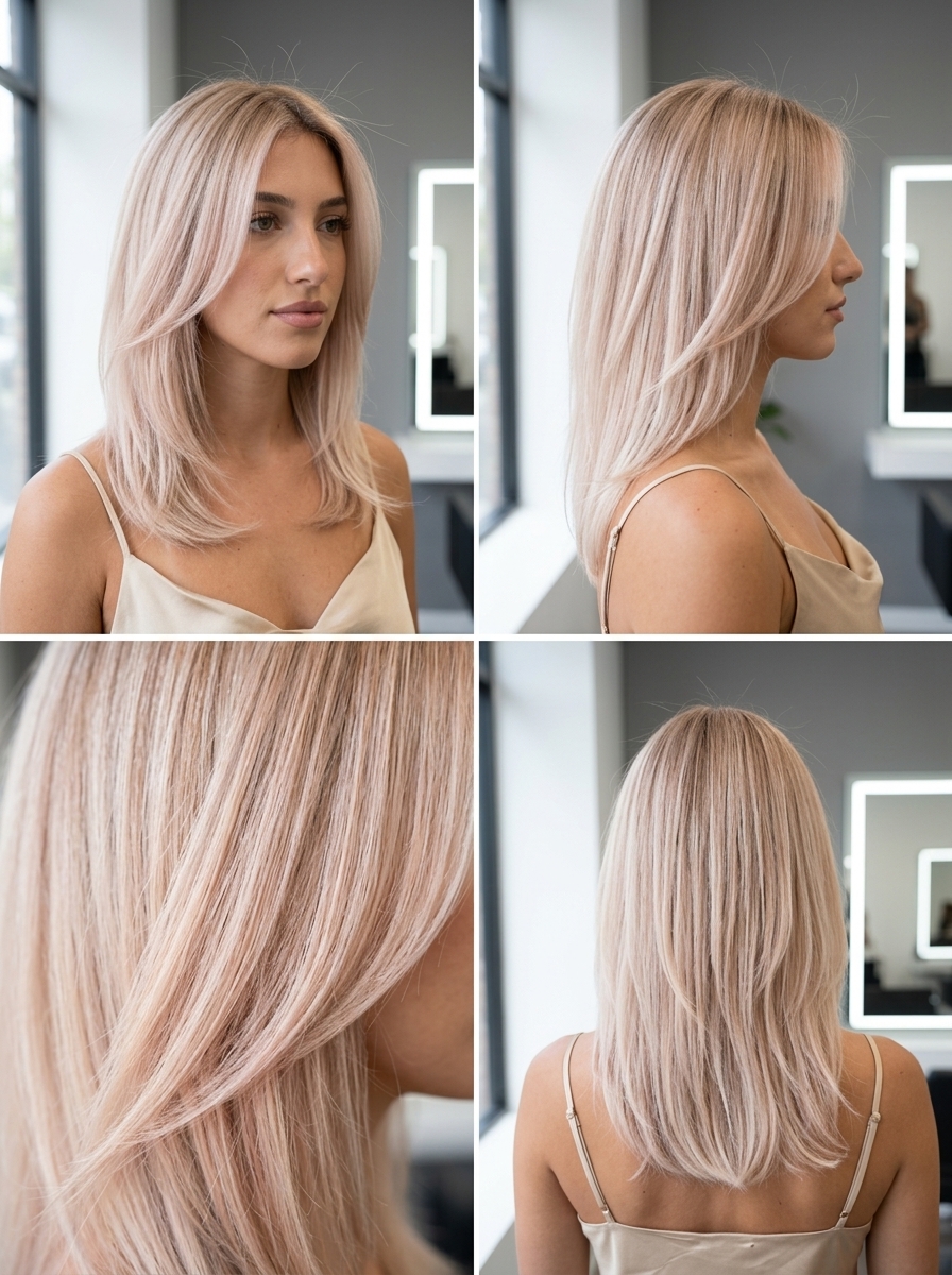 Champagne Strawberry Blonde Bob 2026 shoulder-length bob strawberry blonde with icy champagne tone, soft beige root shadow, seamless blend — sophisticated office style