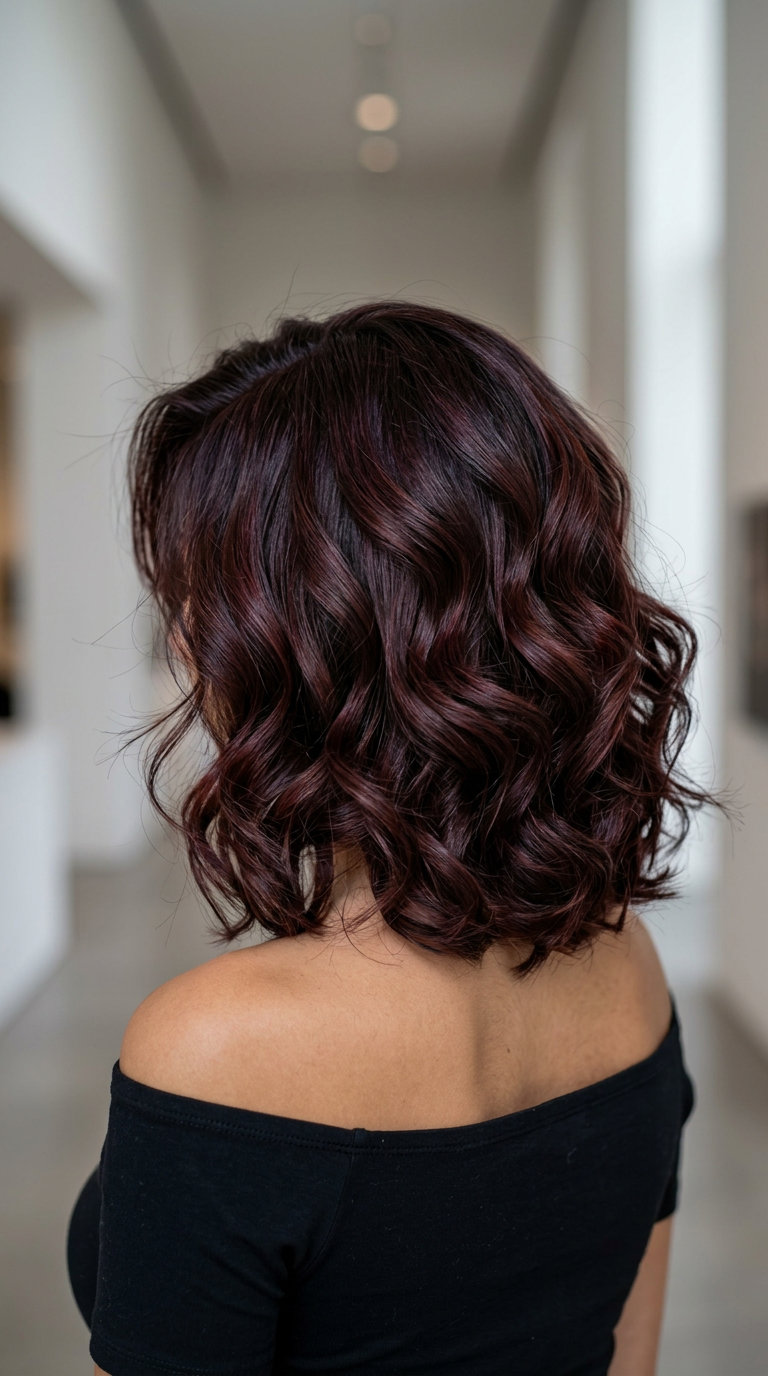 medium layered bob haircut with cherry cola brunette color for summer