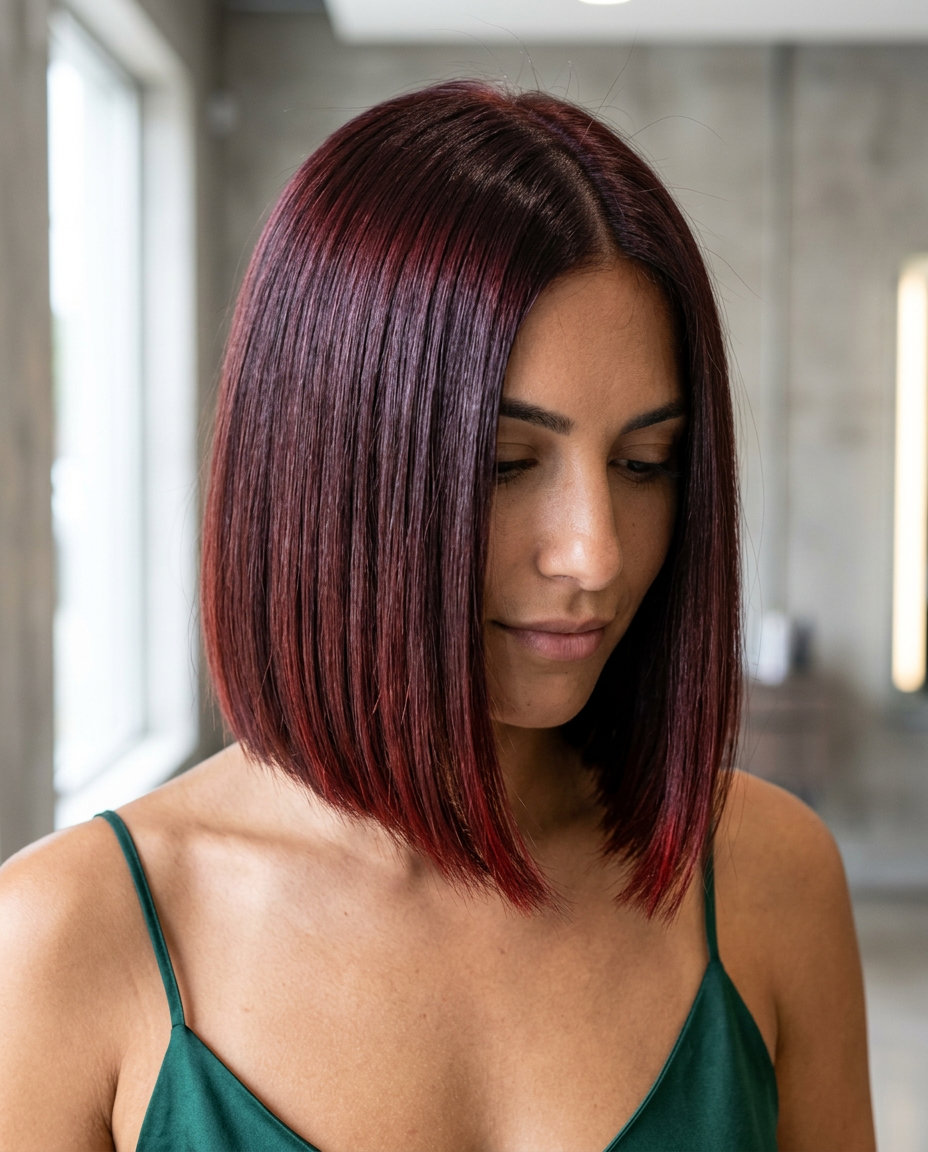 chin-length cherry cola bob with red-violet undertones, blunt cut, deep side part — chic professional look