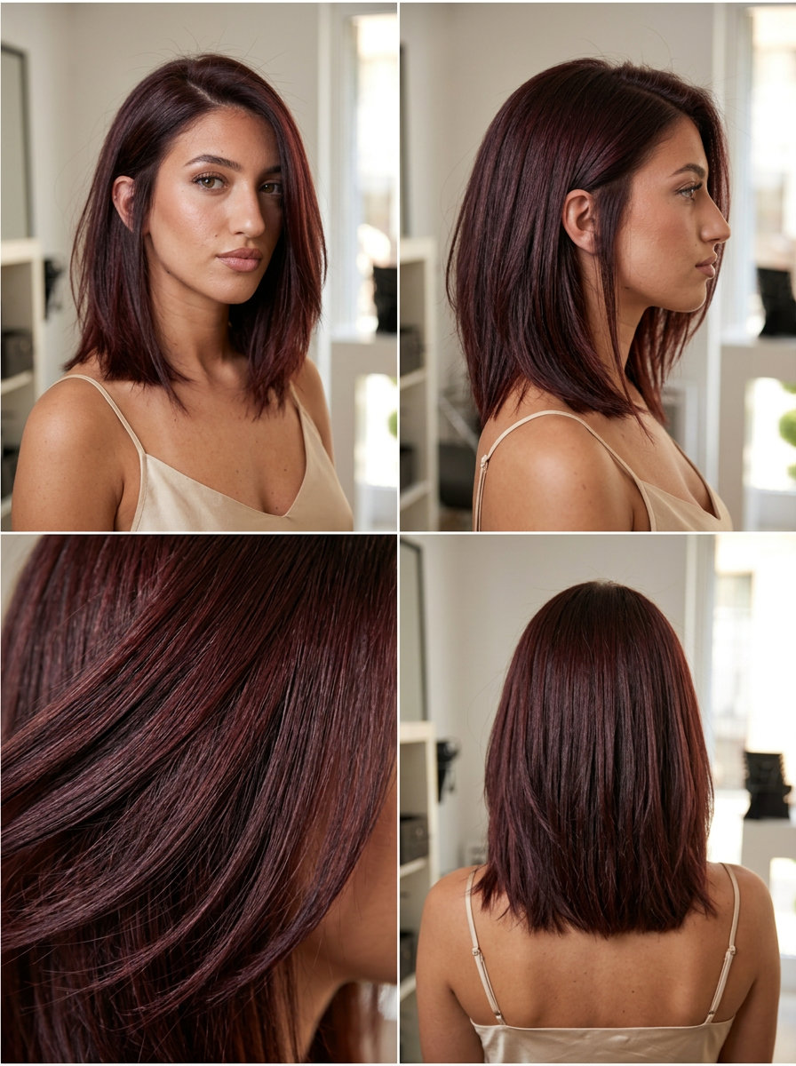 collarbone-length lob haircut in deep cherry cola with violet-red undertones, shattered ends — edgy playfulness