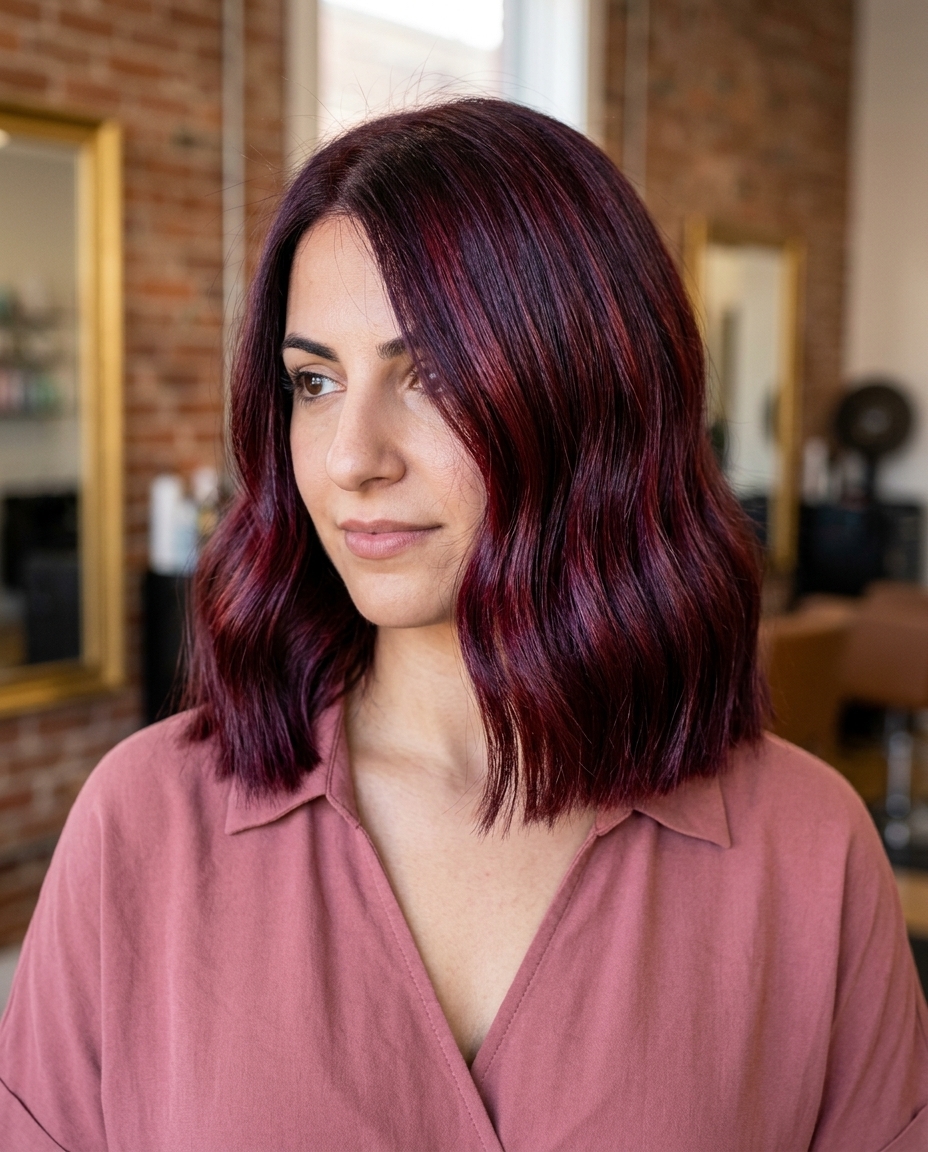 long blunt hair with deep cherry cola all-over color, violet undertones, rich espresso base — bold sultry night out
