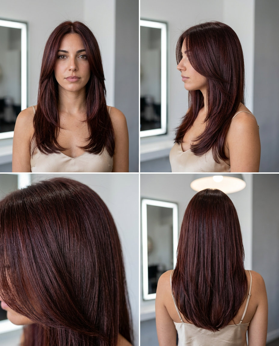 Sophisticated Cherry Cola Layers for Thin Hair 2026 long haircut with cherry cola red-brown gloss and internal layering for thin fine hair