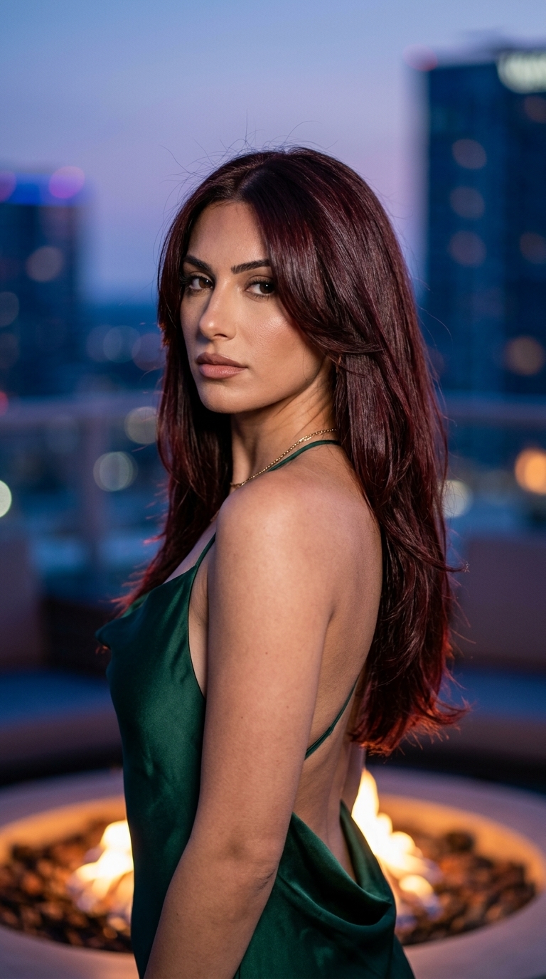 Cherry Cola Glossy Layers: Summer 2026 mid-back length hair with cherry cola red-brown and ruby undertones, face-framing layers, V-shaped back — sultry glamorous style