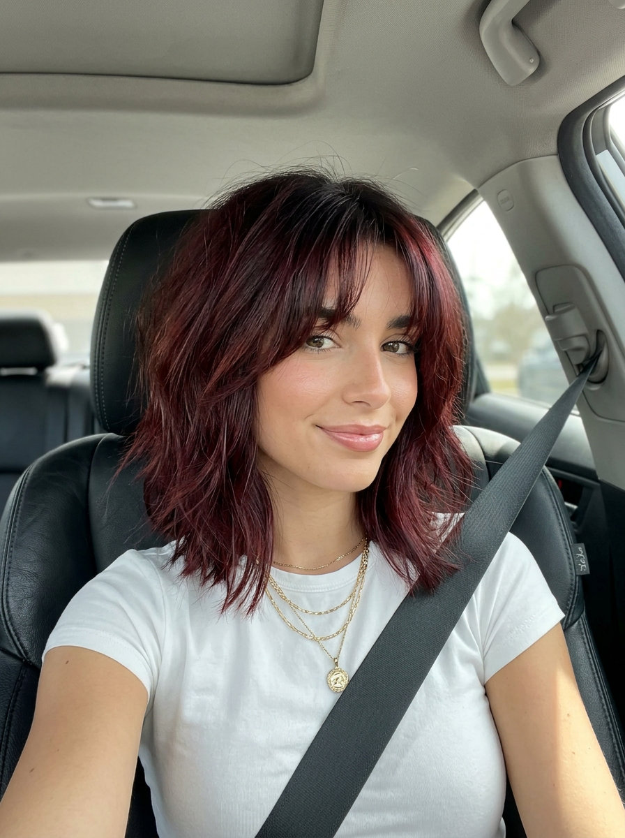 medium textured lob haircut in cherry cola red with curtain bangs for summer 2026