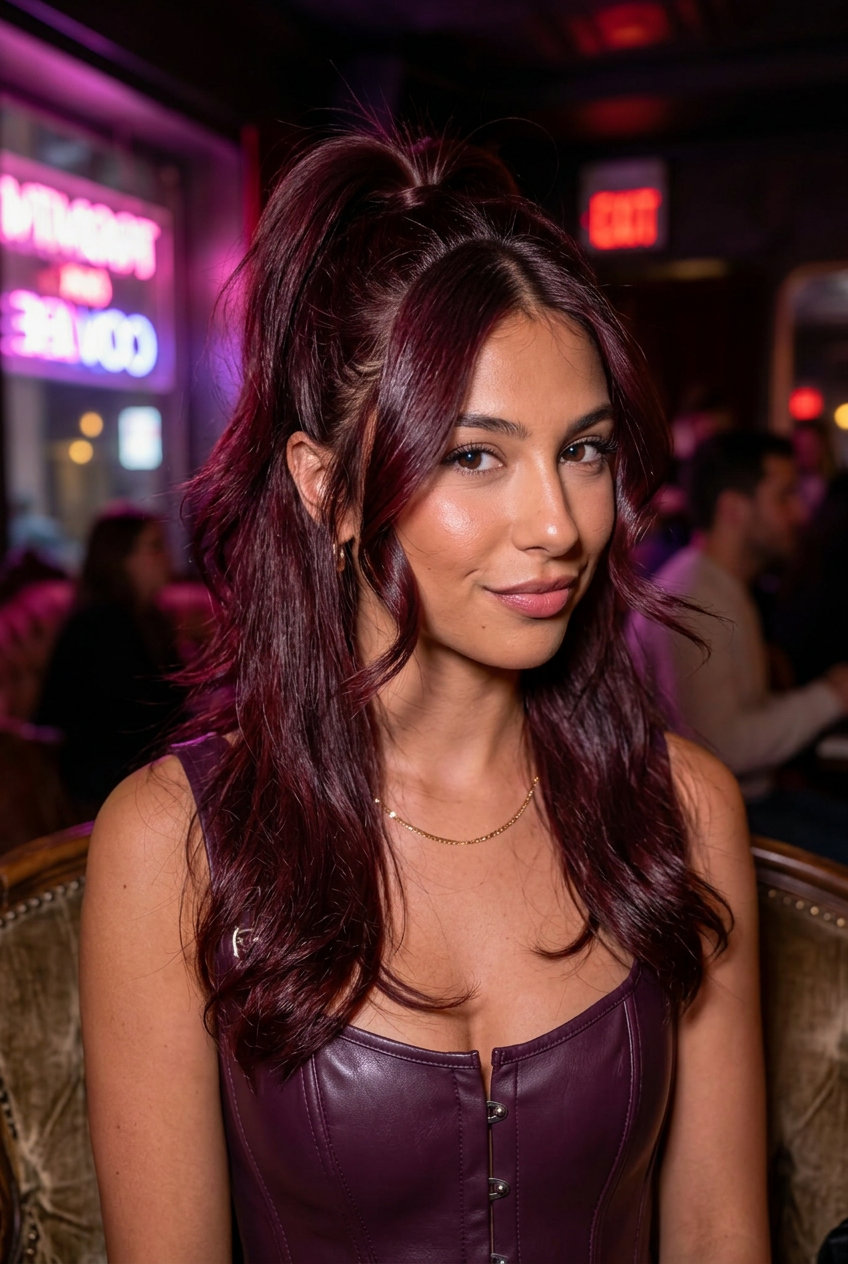 Textured Cherry Cola Palm Ponytail 2026 medium-long textured ponytail with cherry cola, red-violet undertones, face-framing layers for date night