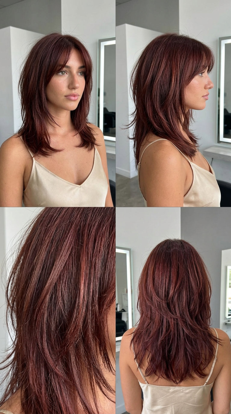 Cute Summer Haircuts: Cherry Cola Shag 2026 mid-length shag haircut with cherry cola gloss and bottleneck bangs for thin fine hair