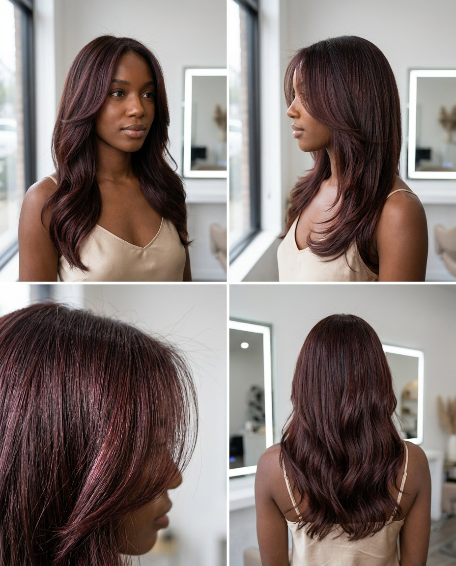 long cherry cola red hair with red-violet overlay and soft layers for summer