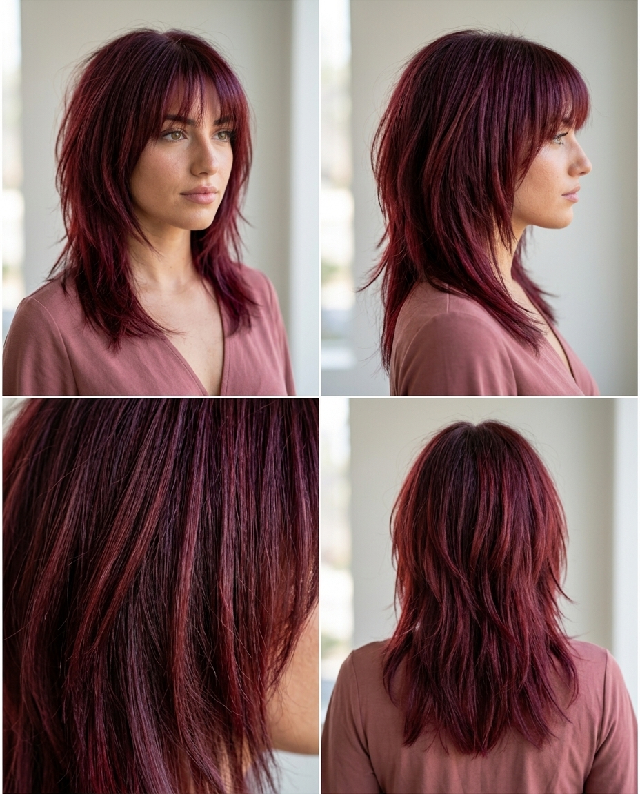 Cherry Cola Shag with Wispy Bangs & Choppy Layers medium shag haircut in cherry cola red with violet undertones, choppy layers, wispy bangs for edgy