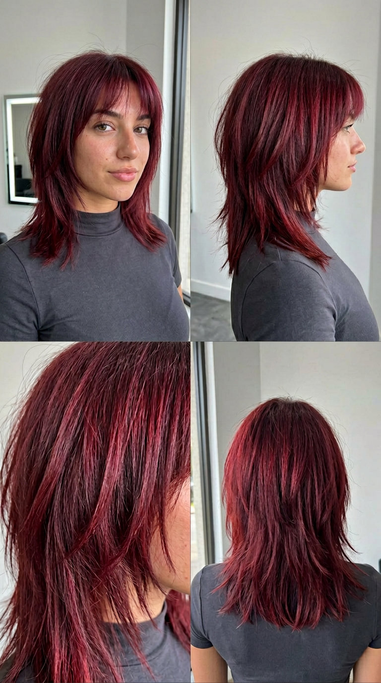 Cherry Cola Wolf Fringe 2026 medium cherry cola red wolf cut haircut with choppy layers and textured wispy bangs for edgy summer