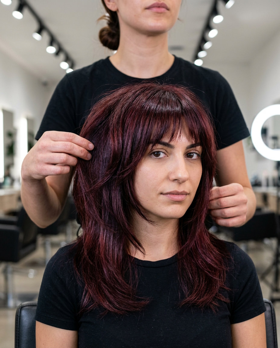 mid-length wolf cut with cherry cola red hair, razor-cut layers, and choppy bangs for date nights