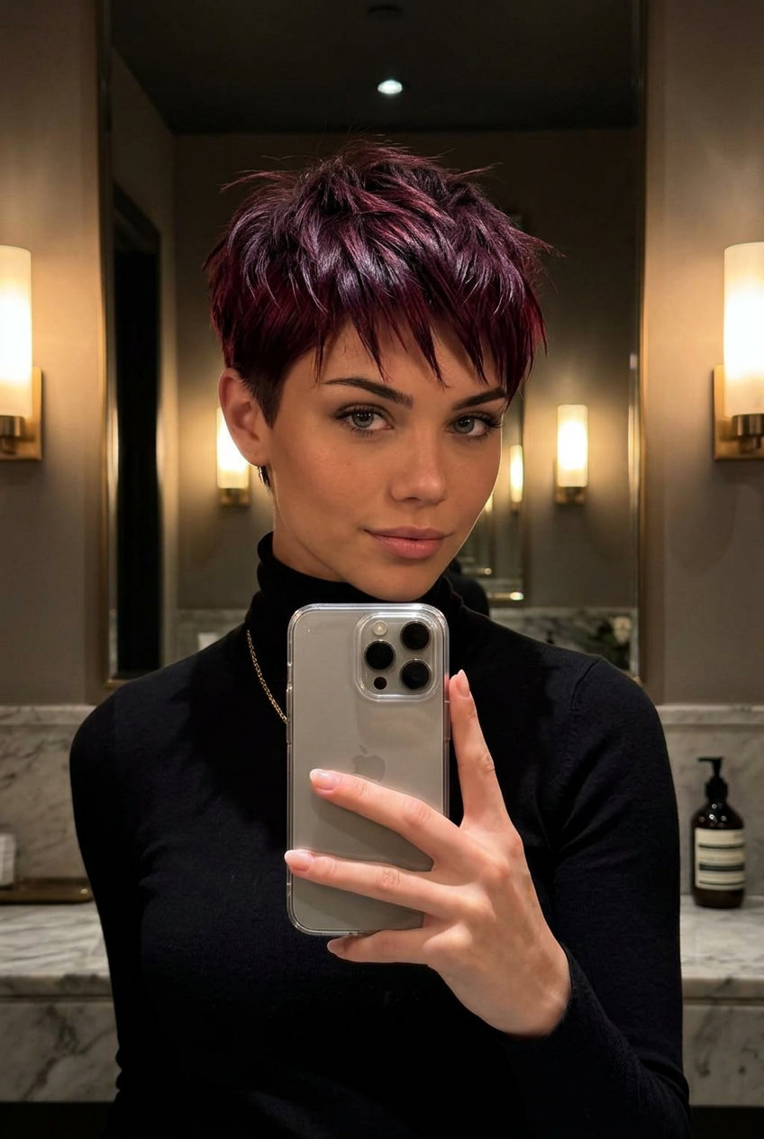 ultra-short razored pixie haircut with deep cherry cola red hair, textured spiky bangs, and tapered nape for festivals