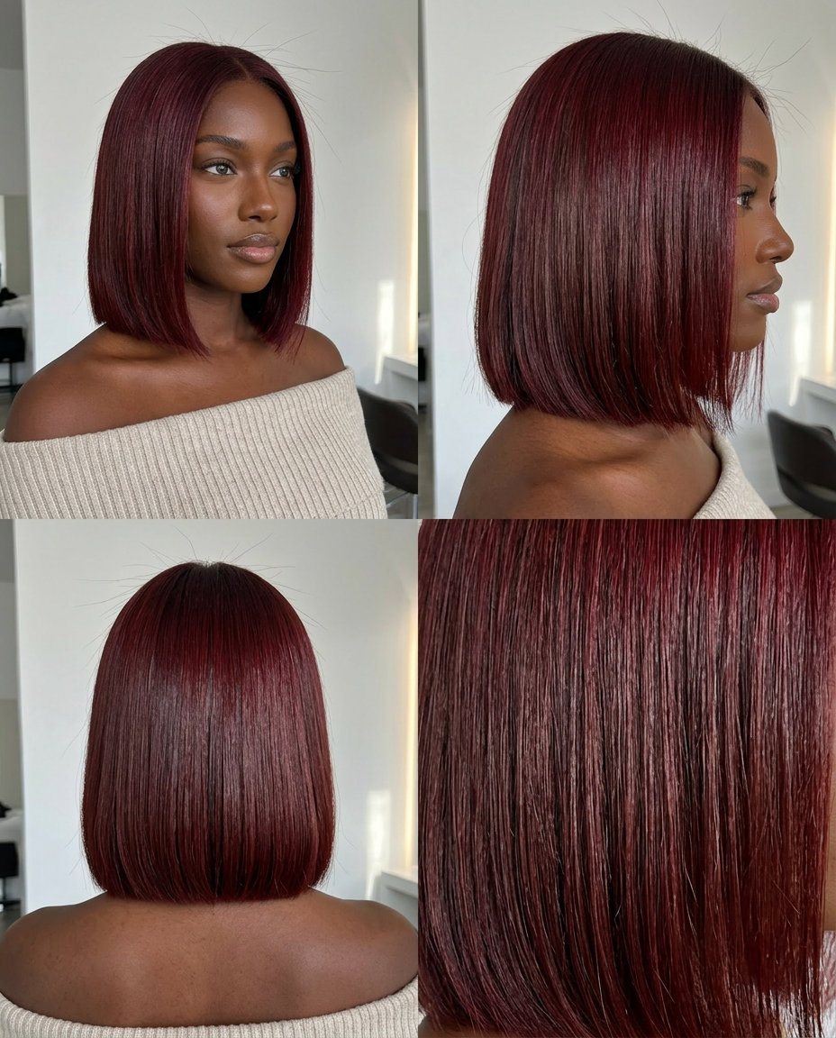 short bob haircut with deep cherry cola red hair color, demi-permanent gloss, no fringe — playful date night