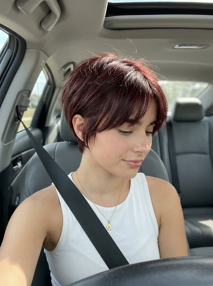 short pixie haircut in deep cherry red with violet-brown undertones, textured layers and tapered sides — bold edge