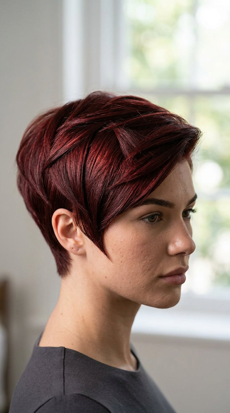 Sculpted Cherry Cola Pixie 2026: Dramatic Glam very short cherry cola pixie haircut with sculpted sides and tapered nape for summer
