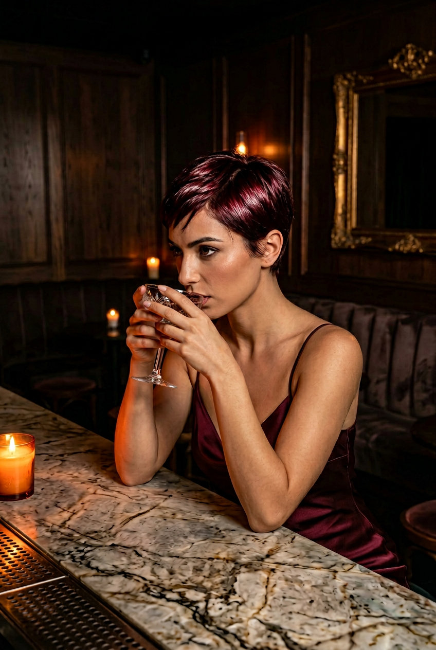Cherry Cola Pixie Haircut 2026: Bold & Retro Chic very short pixie haircut in deep cherry cola with red-violet flash, tapered sides — bold edgy
