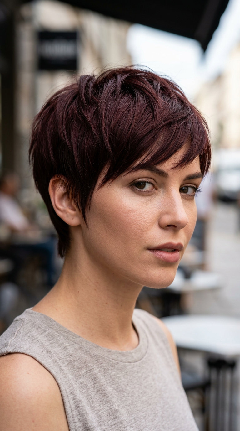Cherry Cola Pixie: Bold Red-Violet Hair 2026 very short pixie haircut in deep mahogany with red-violet flash, point-cut texture, choppy fringe — bold