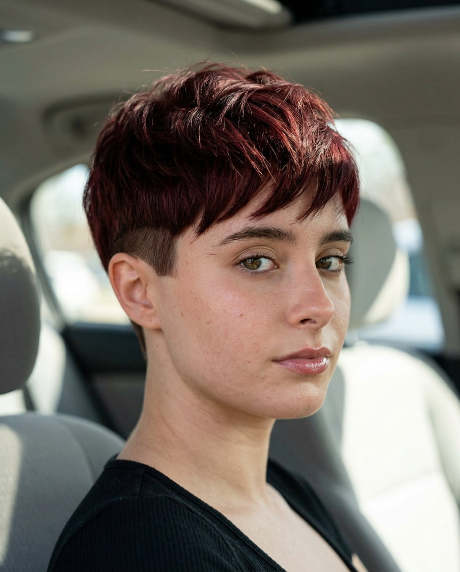 Cherry Cola Pixie Haircut 2026: Edgy & Glamorous very short pixie haircut in deep cherry cola with red-violet undertones, undercut — edgy rebellious