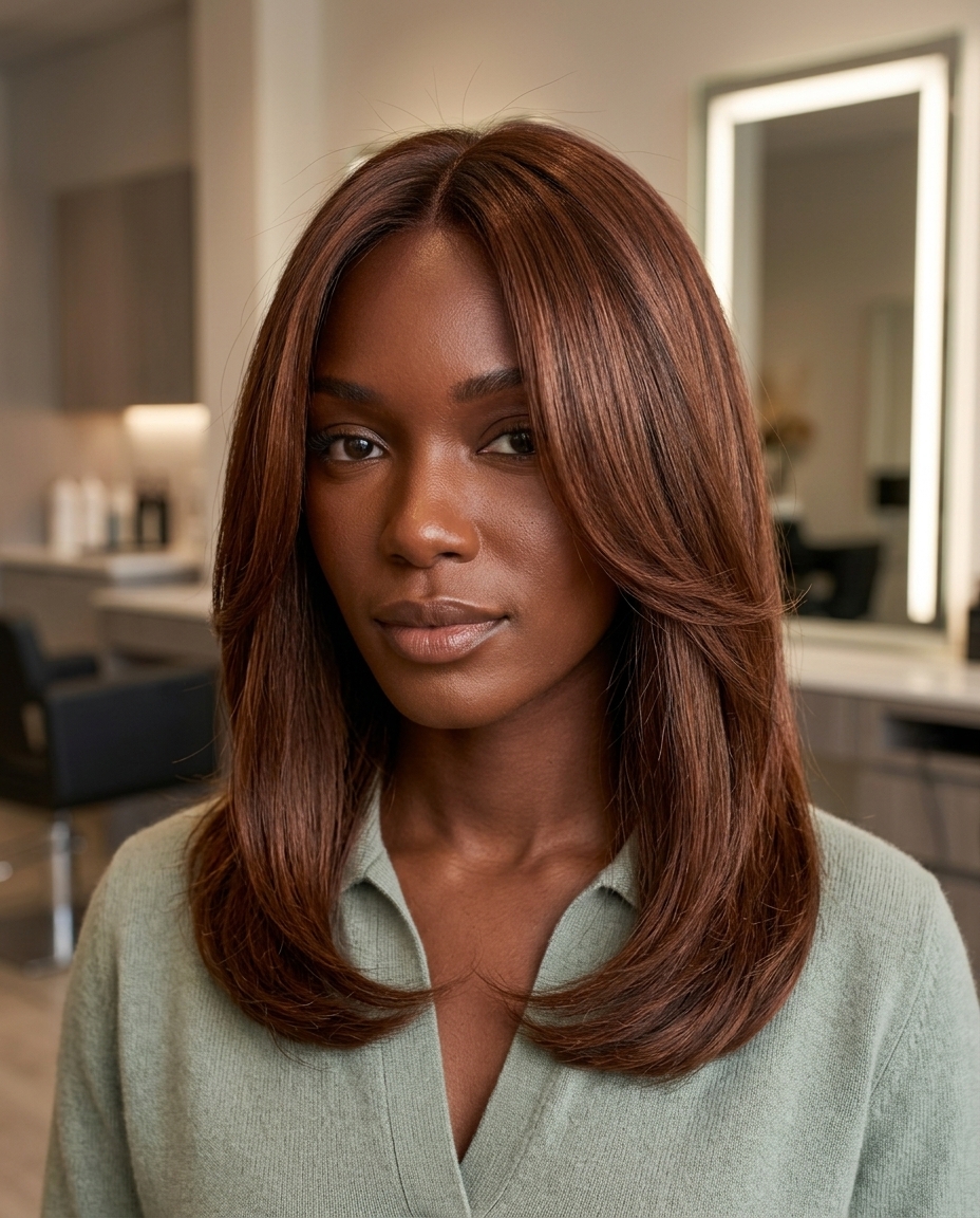 long chestnut glaze with coppery-red undertones and high shine for date night