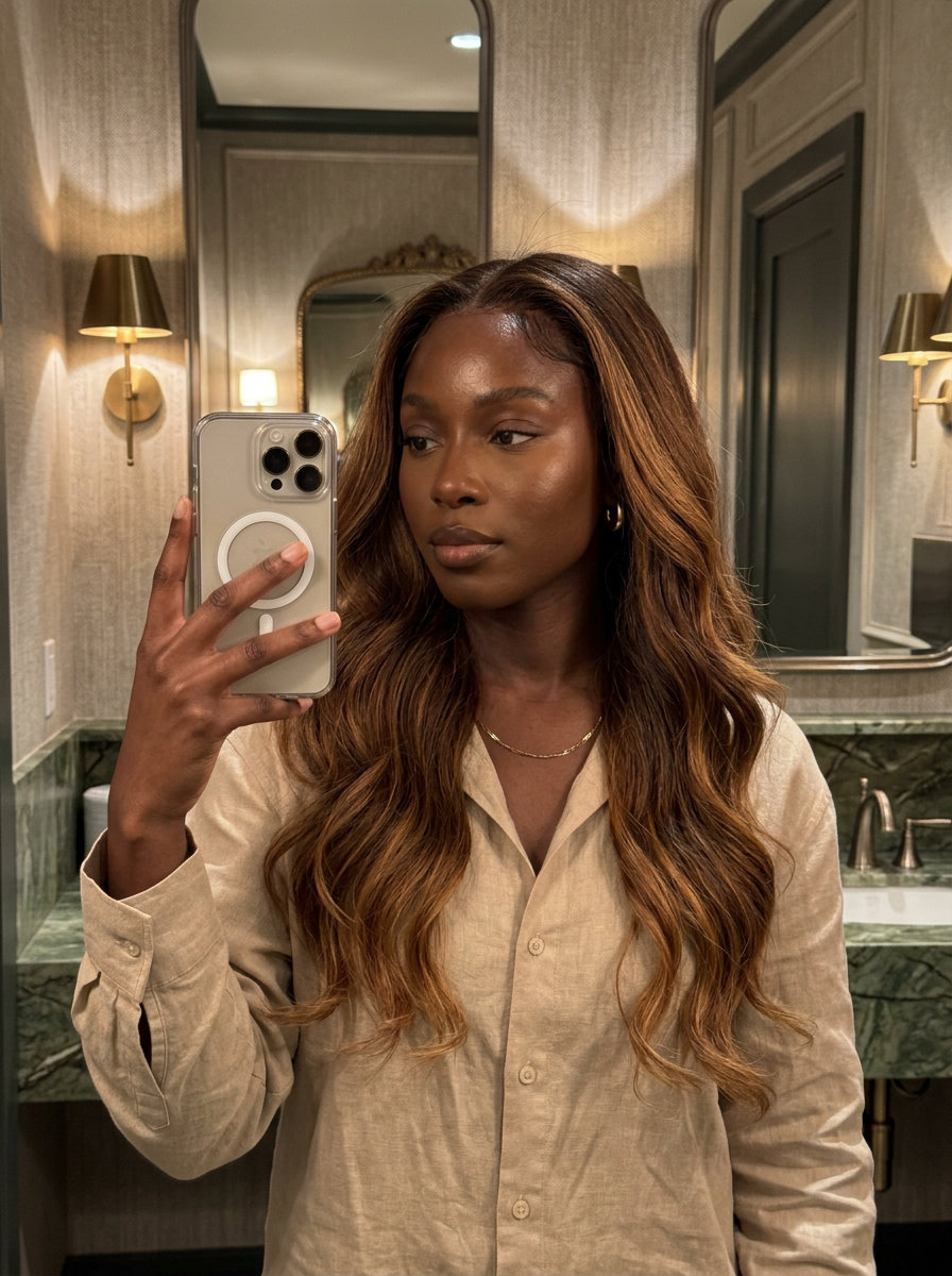 long layered hair with warm chestnut balayage, golden-amber and bronze tones for summer 2026