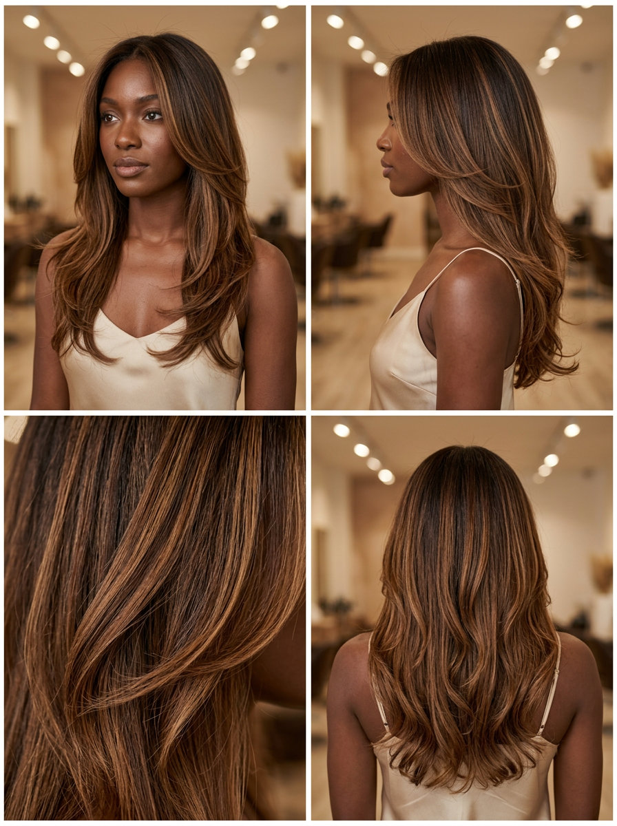 long layered chocolate brown hair with caramel color melt, honey amber tones, no fringe — romantic dreamy