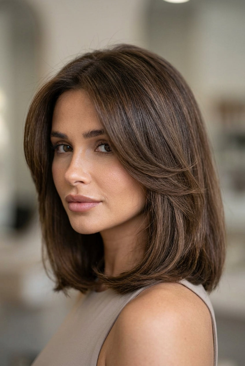 medium sculpted haircut deep chocolate brunette with mahogany undertones, minimal layers, no bangs — professional sophisticated