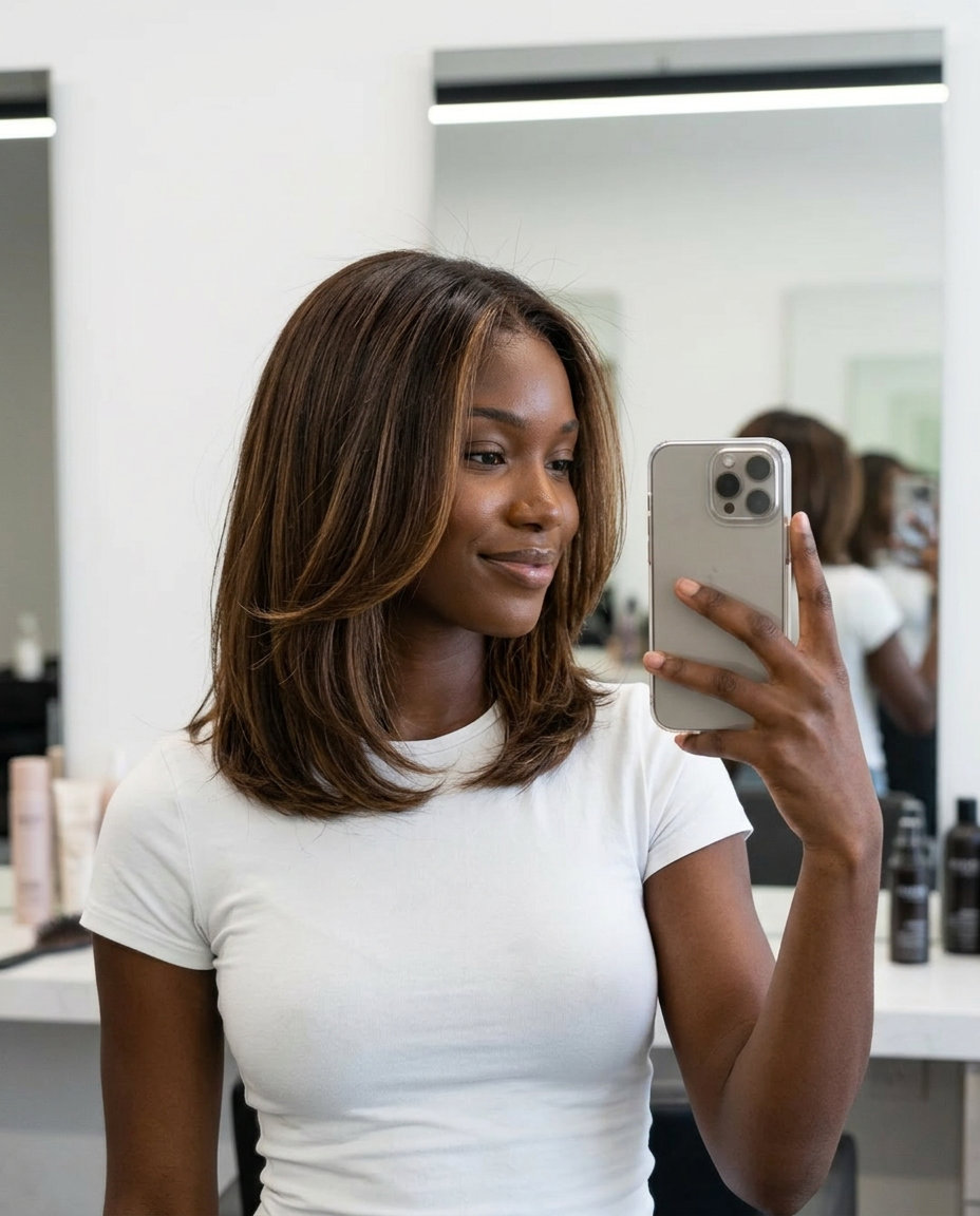 shoulder-length warm chocolate lob with caramel balayage and face-framing layers