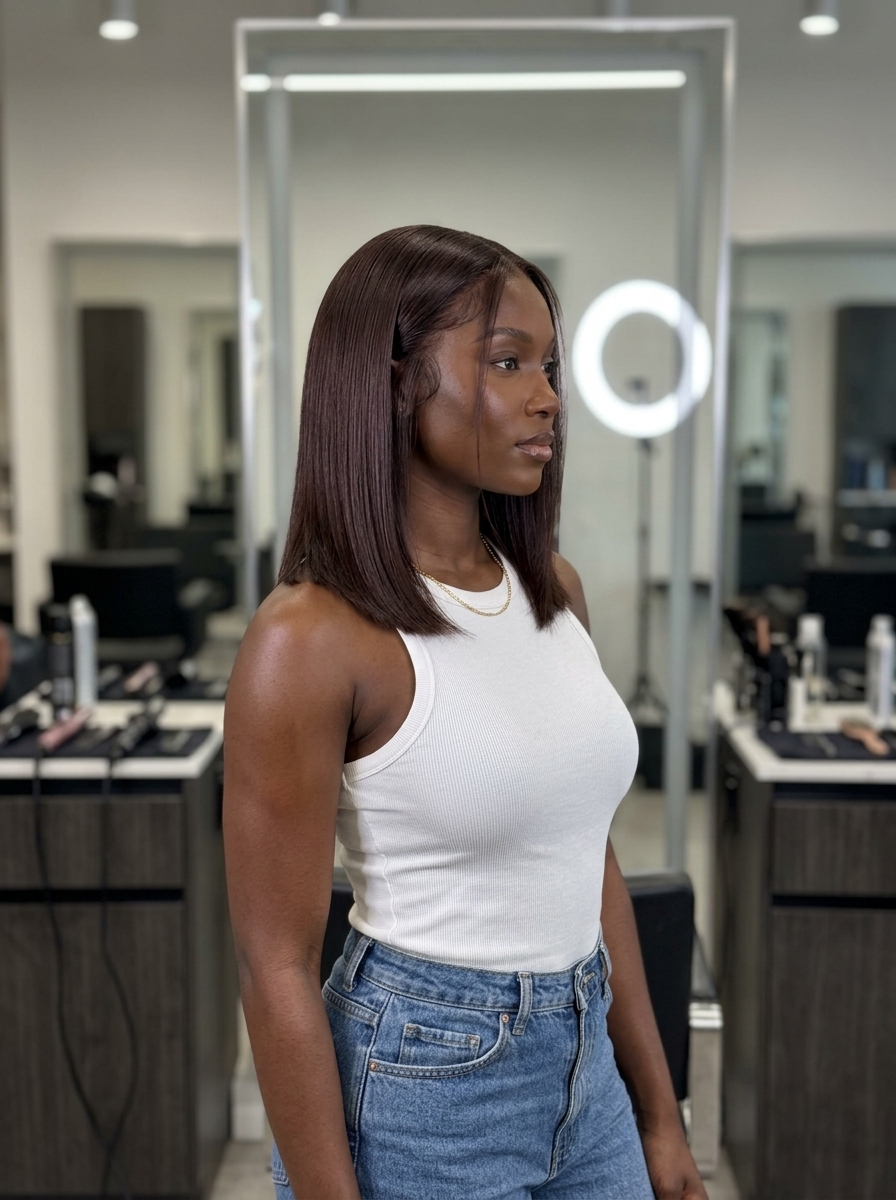 deep chocolate brown glaze with red-violet undertones, high gloss, no fringe — sultry summer look
