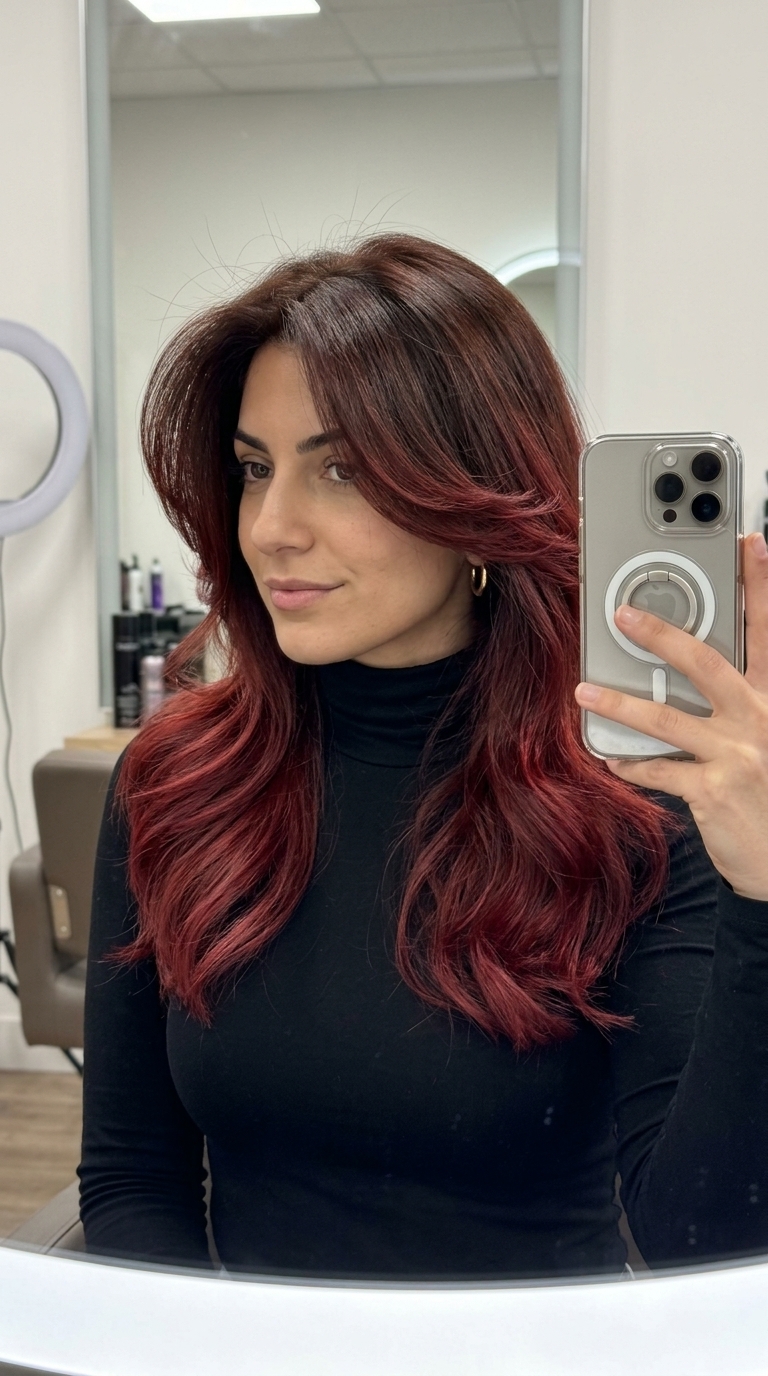 long chocolate cherry ombré with deep brown melting into vibrant red for evening event