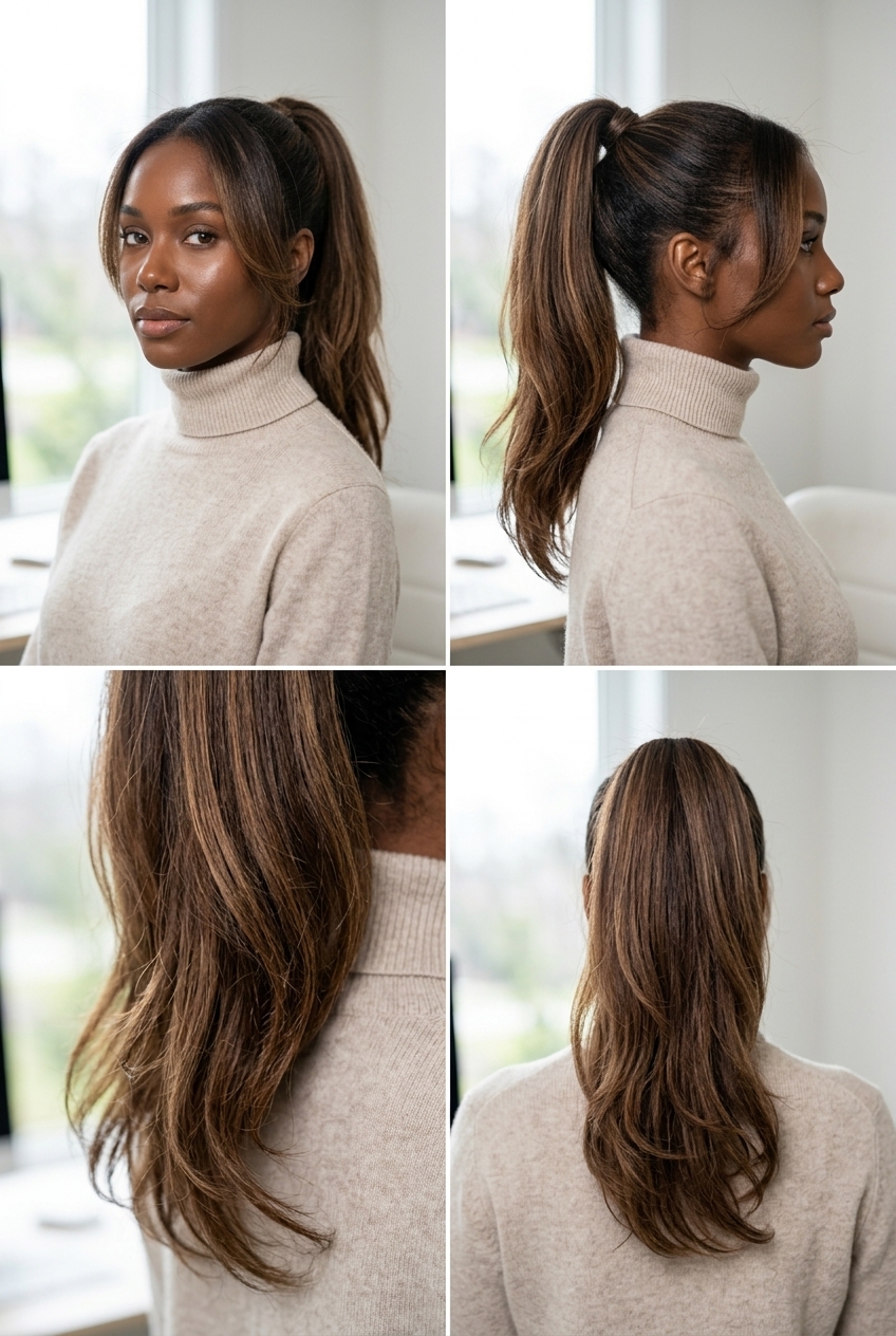 Chocolate Ombré Piecey Ponytail 2026 long piecey ponytail with chocolate ombré, soft layers, face-framing pieces for casual date