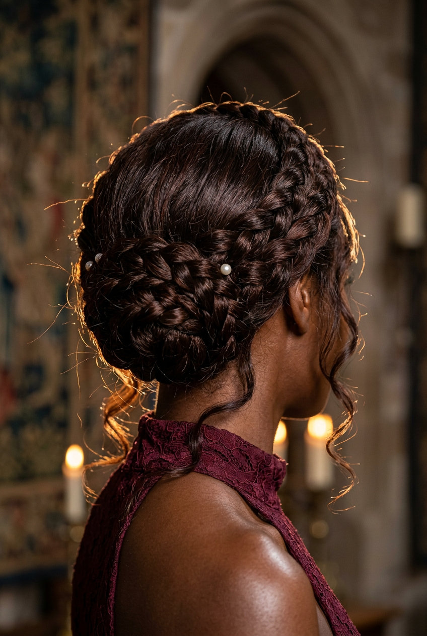 Chocolate Braided Crown Updo 2026 long deep chocolate brown braided crown updo with mahogany undertones for summer wedding guest 2026